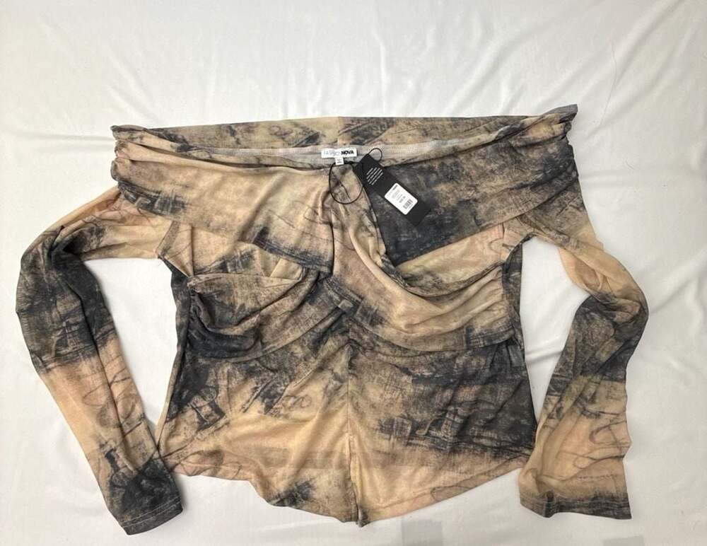 Fashion Nova Josey Mesh Off Shoulder Top, Taupe/Combo, Size 3X